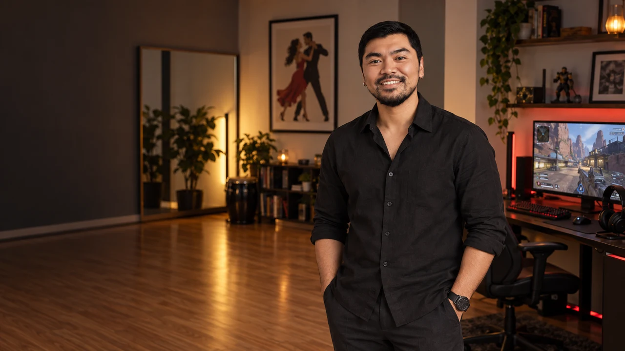 Pon Songsamayvong in a recreation studio with an Apex Legends gaming setup and a space for salsa dancing